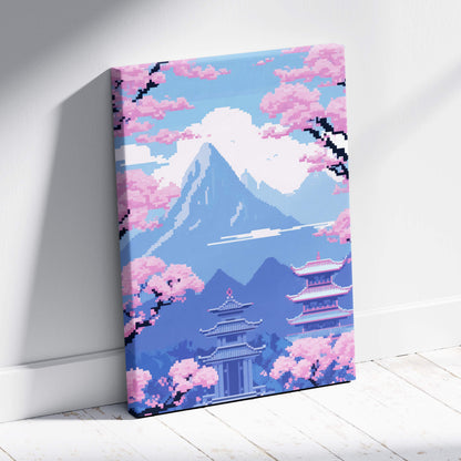 Japanese cherry blossom pixel art canvas print featuring serene blue mountain landscape with pink sakura and pagodas