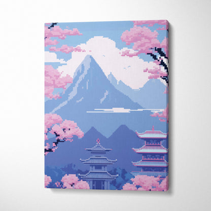 Pixel art canvas print of blue mount fuji pagoda with pink cherry blossoms and serene sakura landscape decor
