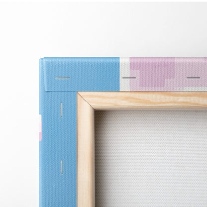 Light blue textured canvas print with natural wood frame featuring pastel cloud sky pixel art for nursery decor