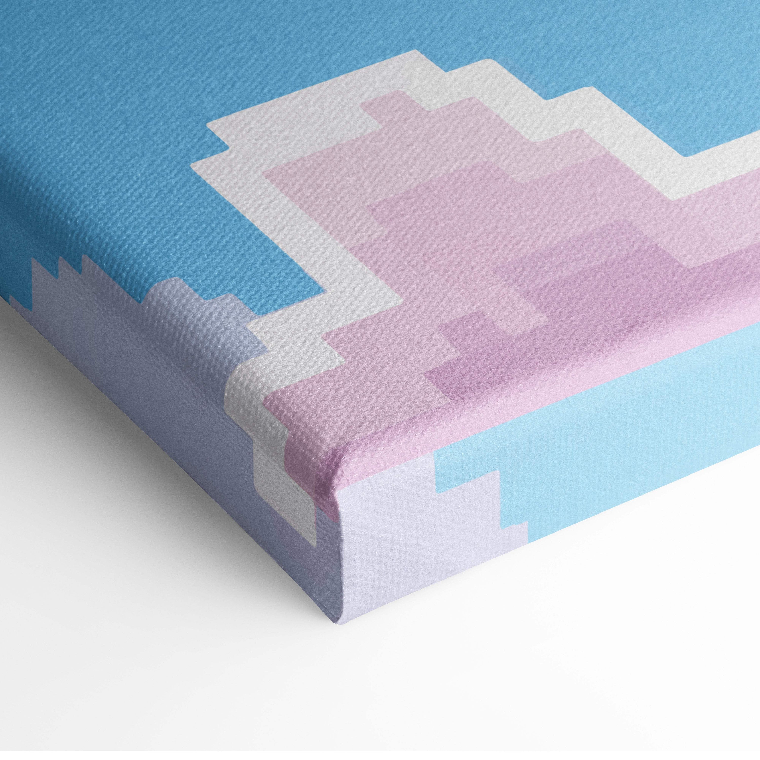 Pastel cloud sky pixel art canvas print with soft pink and blue gradient and white accents in retro game style