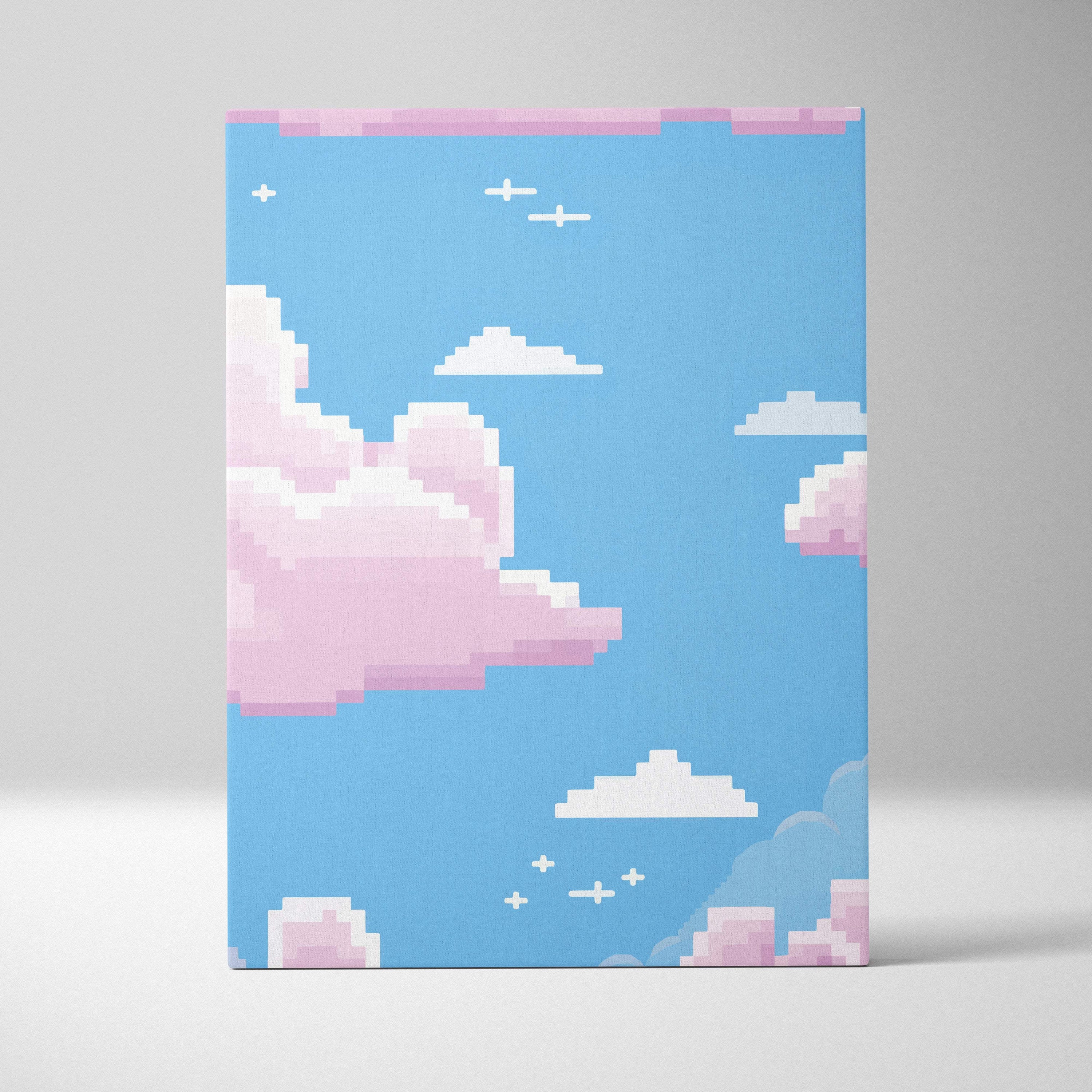 Pastel cloud sky pixel art canvas print with soft blue sky, pink and white clouds, small airplanes, and star accents