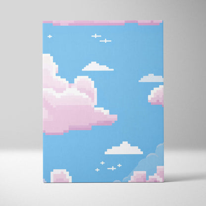 Pastel cloud sky pixel art canvas print with soft blue sky, pink and white clouds, small airplanes, and star accents