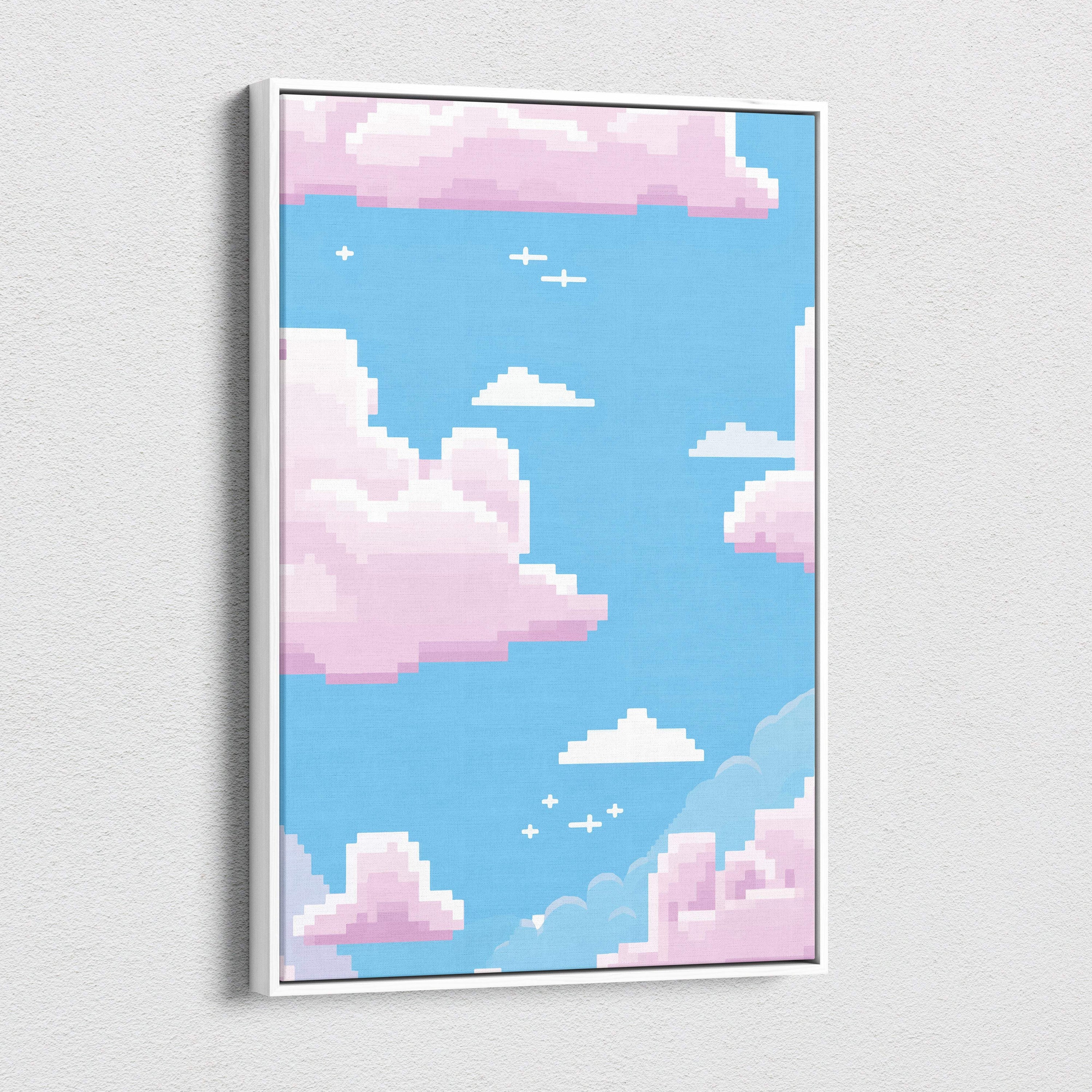 A framed pixel art canvas print featuring a pastel blue sky with soft pink clouds and cross-shaped birds in flight