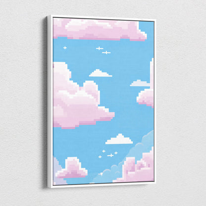 A framed pixel art canvas print featuring a pastel blue sky with soft pink clouds and cross-shaped birds in flight