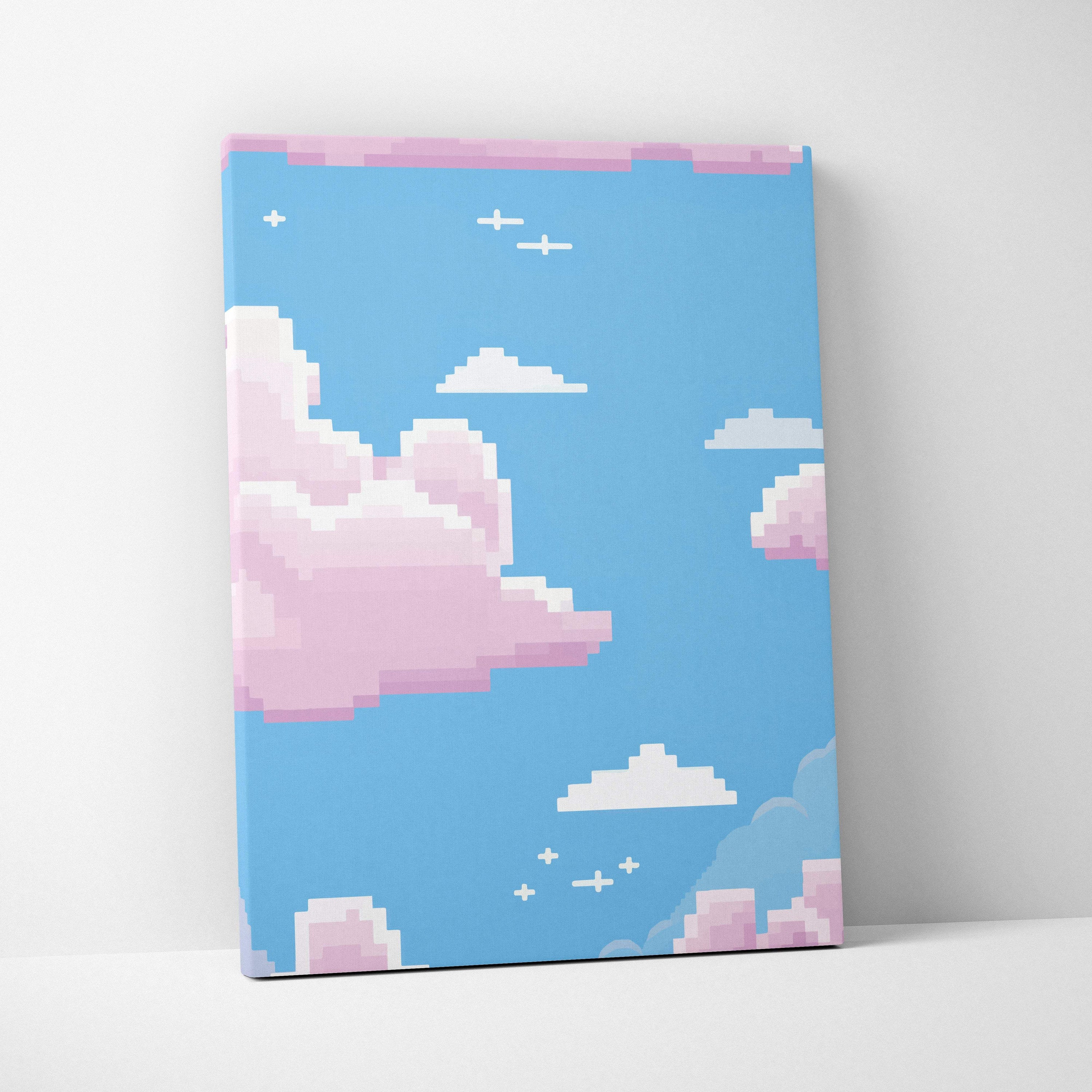 Pixelated canvas print of a blue sky with pink and white clouds and small white airplanes pastel cloud sky art