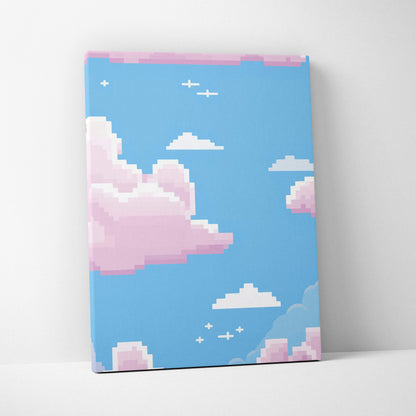 Pixelated canvas print of a blue sky with pink and white clouds and small white airplanes pastel cloud sky art