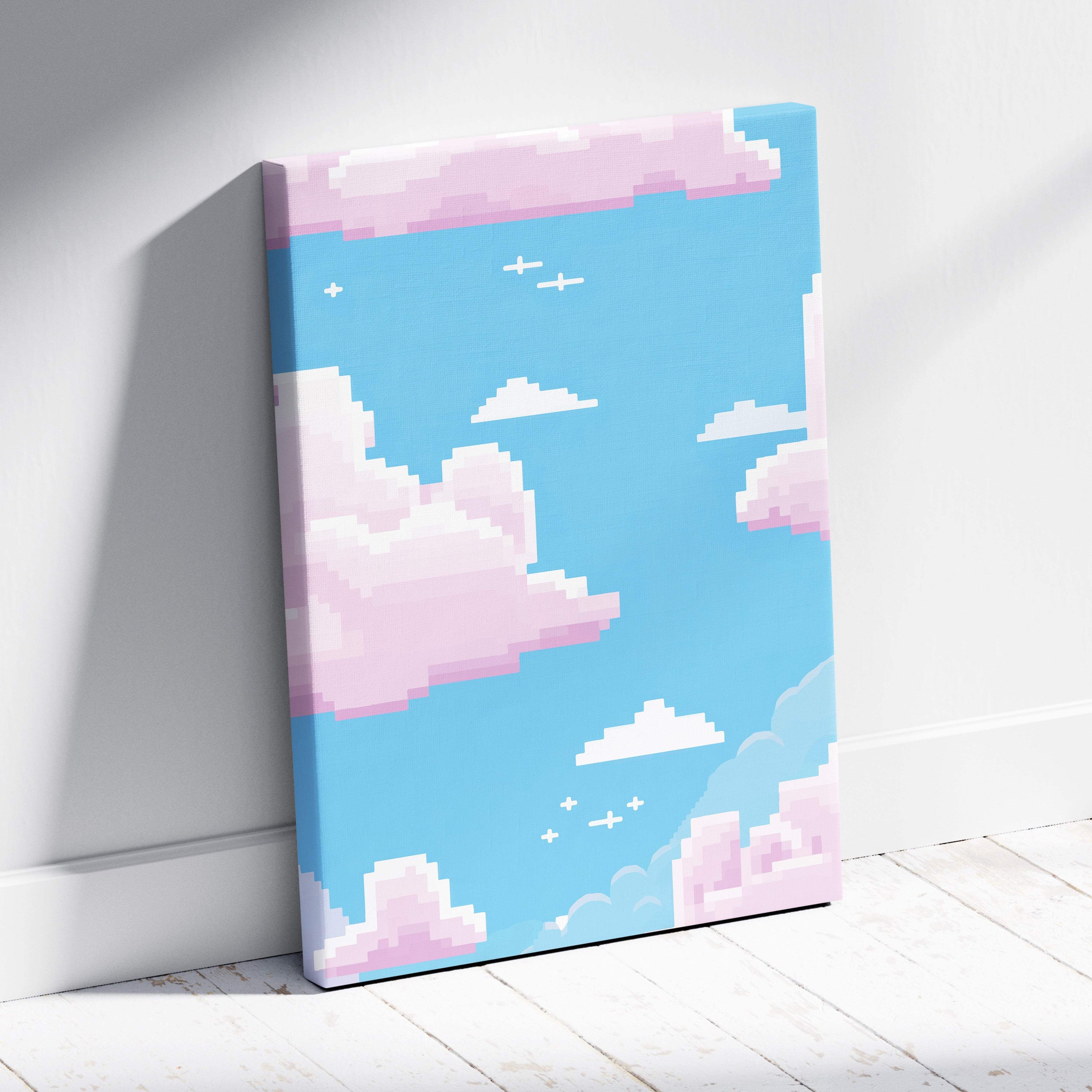 Pastel cloud sky pixel art canvas print with bright blue sky pink white clouds birds and stars for nursery decor