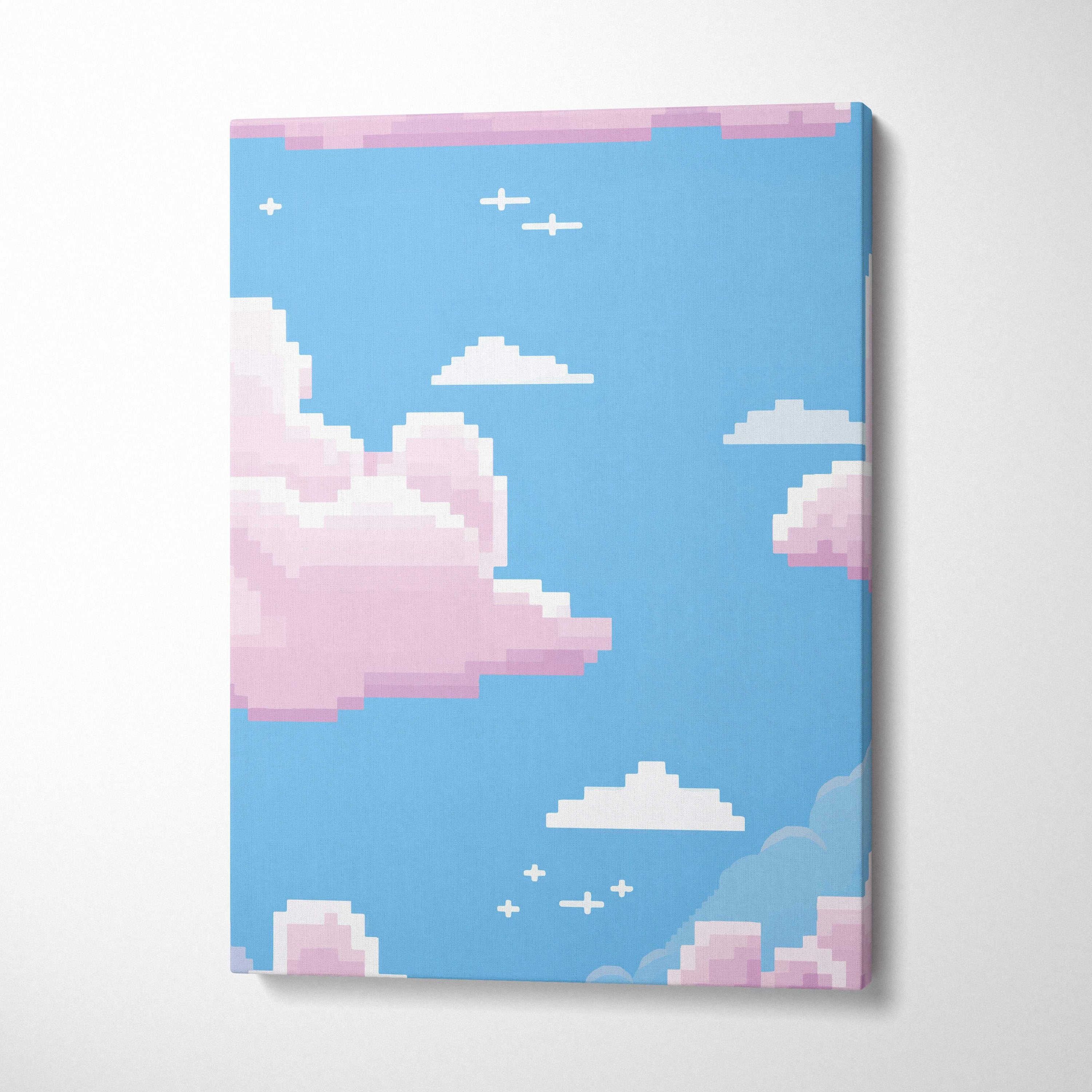 Pastel cloud sky pixel art canvas print with bright blue sky pink clouds white airplanes and retro game style stars