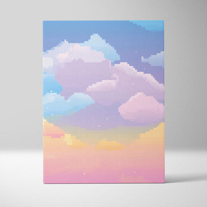 Pastel pixel art canvas print featuring a soft gradient sky with blue pink and purple fluffy clouds for nursery decor