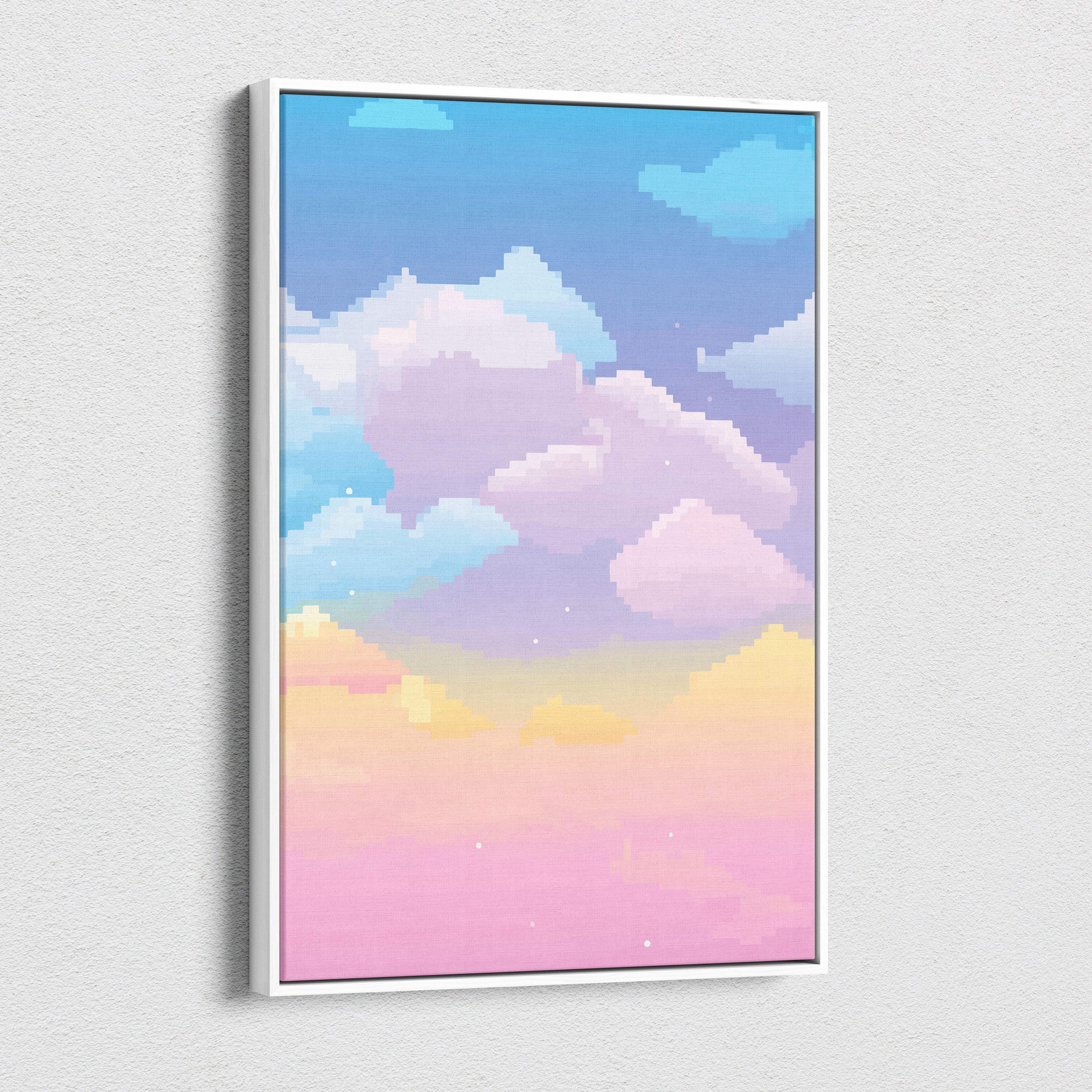 A framed digital art print of pastel blue pink and yellow pixelated clouds in a gradient sky for nursery decor