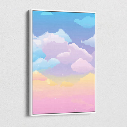 A framed digital art print of pastel blue pink and yellow pixelated clouds in a gradient sky for nursery decor