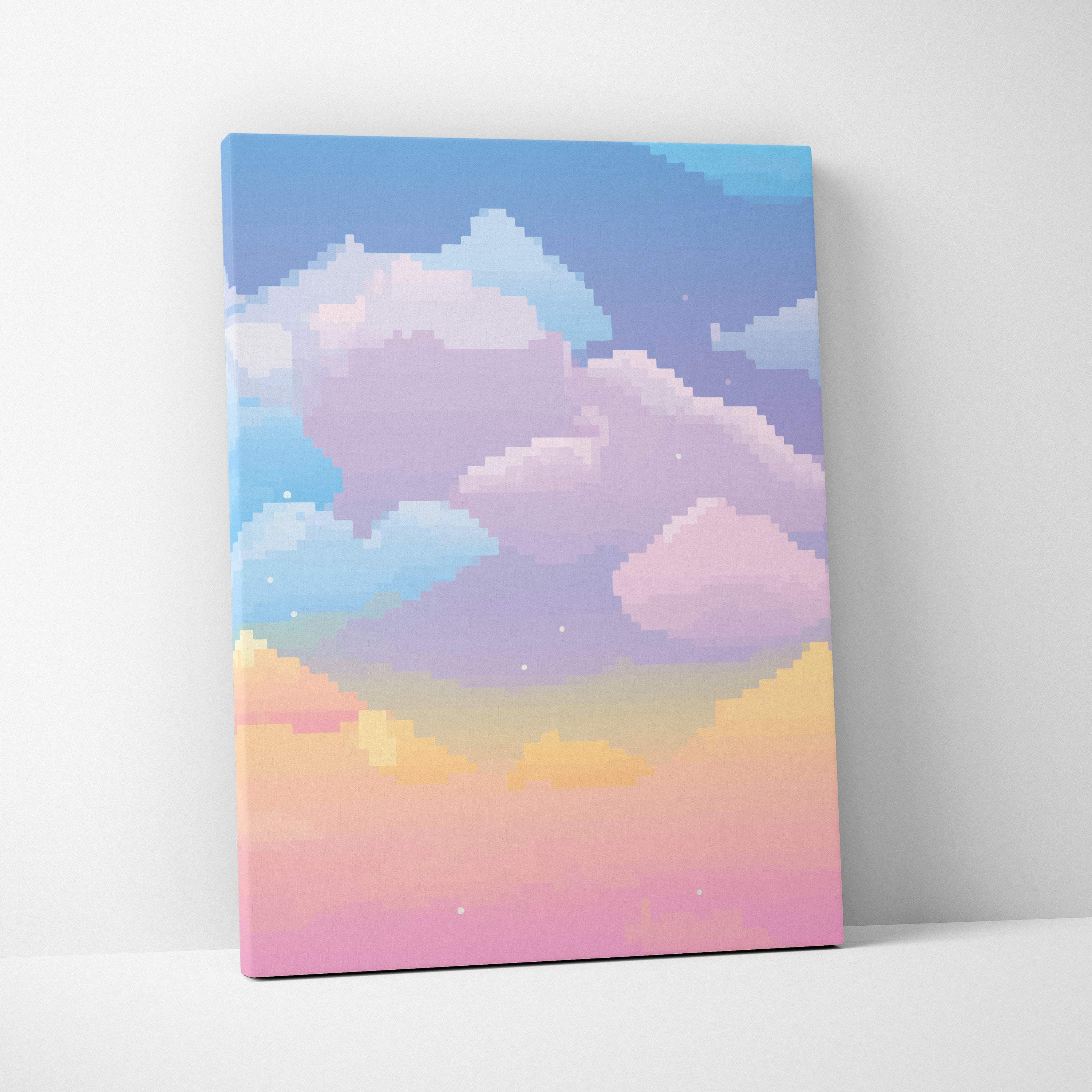 Pastel cloud sky pixel art canvas print featuring a soft gradient sky with fluffy blue pink and yellow clouds for nursery decor