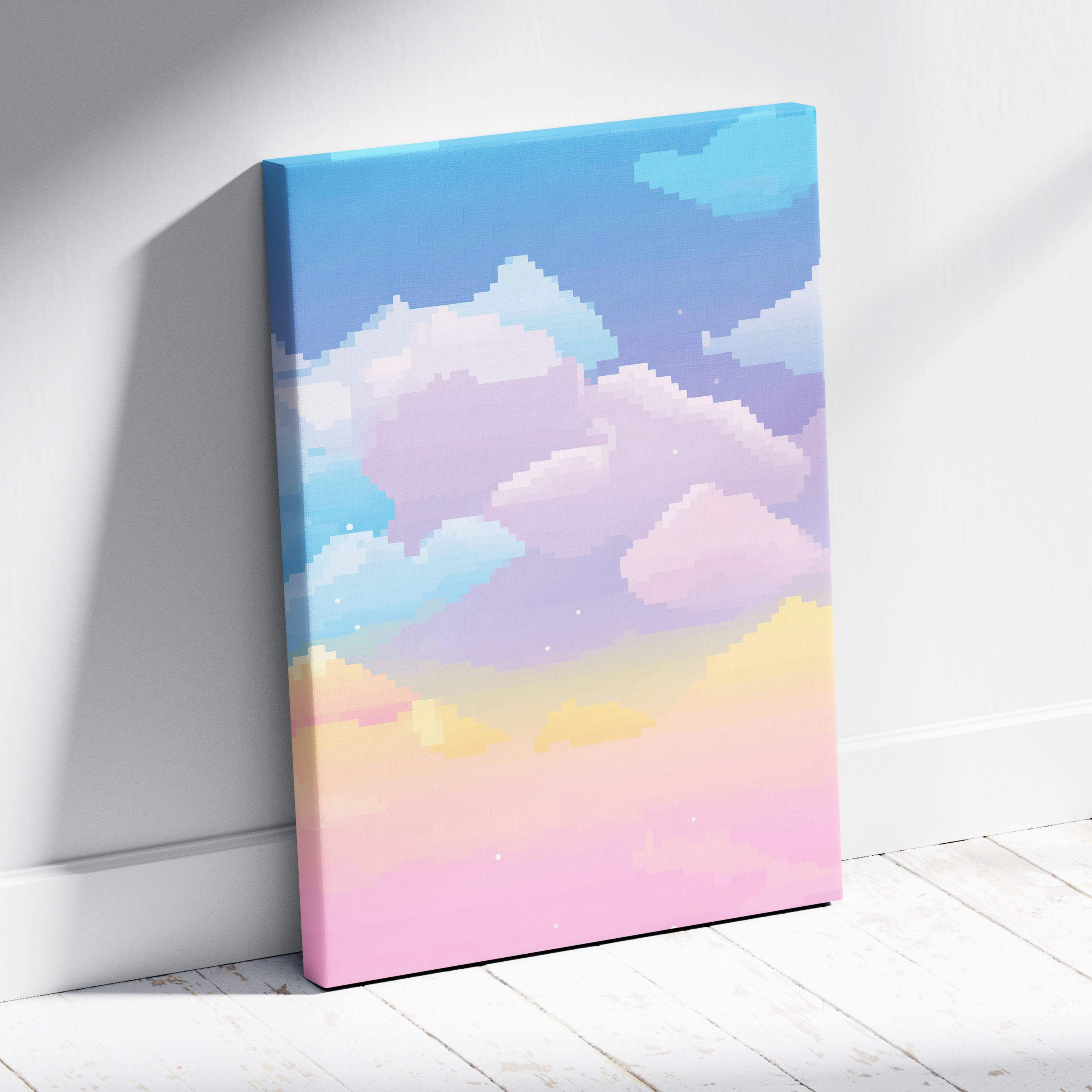 Pastel cloud sky pixel art canvas print with soft gradient blue pink and yellow sky for dreamy nursery decor