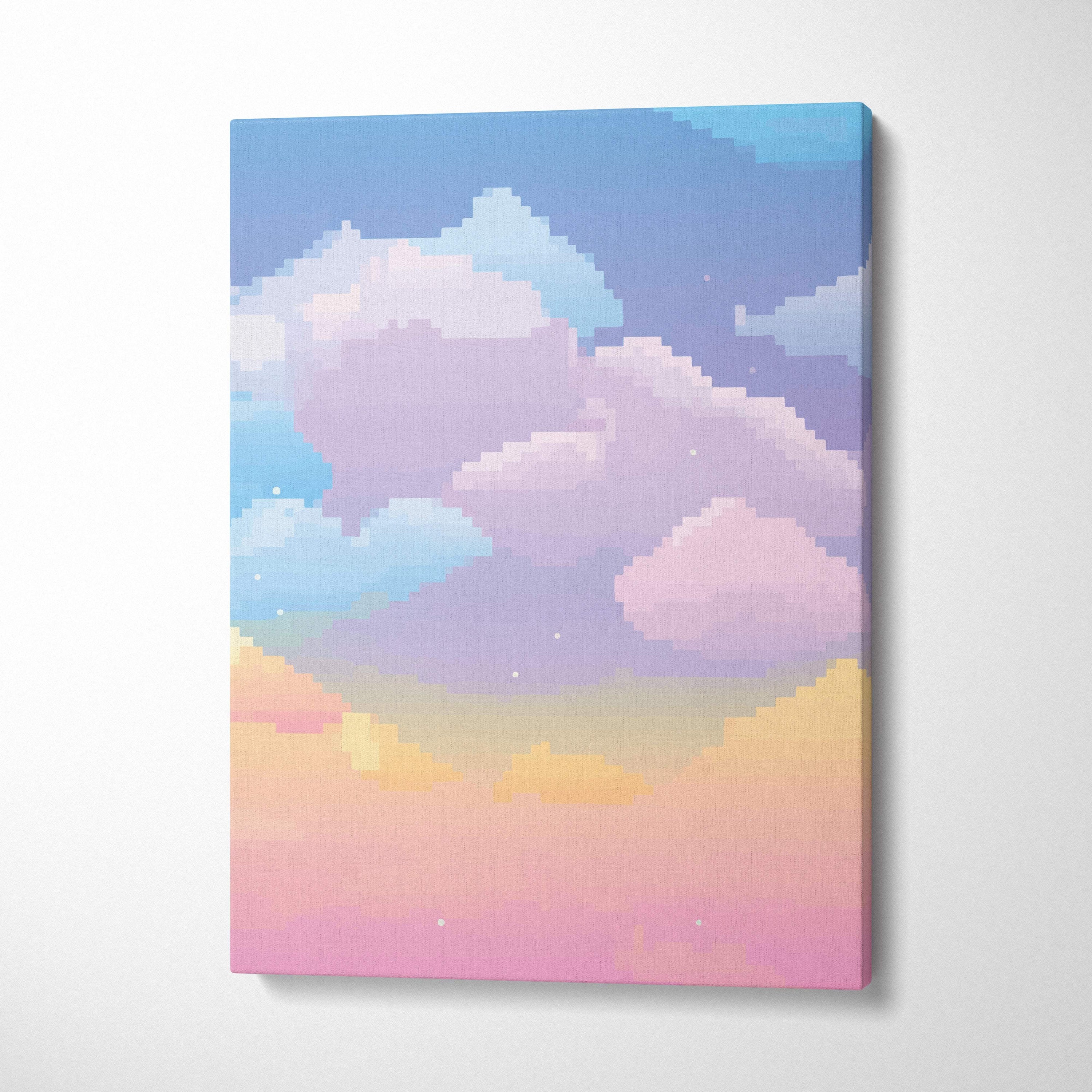 Pastel cloud sky pixel art canvas print with soft lavender pink and peach clouds on a blue to orange gradient horizon