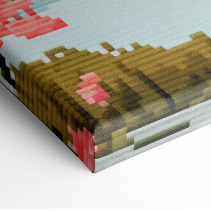 Butterfly lake pixel art canvas print featuring minecraft-style brown terrain red flowers and light blue sky for wall art