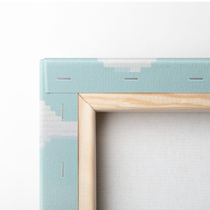Butterfly lake pixel art canvas print with light blue textured canvas and natural wood frame for serene nature decor