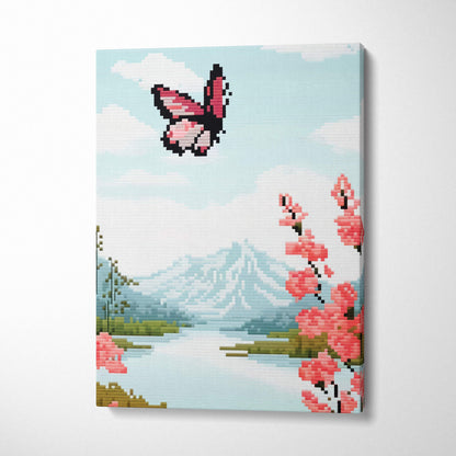 Butterfly lake pixel art canvas print featuring a pink butterfly over cherry blossoms and snow-capped mountains