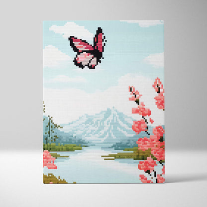 Butterfly lake pixel art canvas print featuring a pink butterfly above cherry blossoms and snow capped mountains
