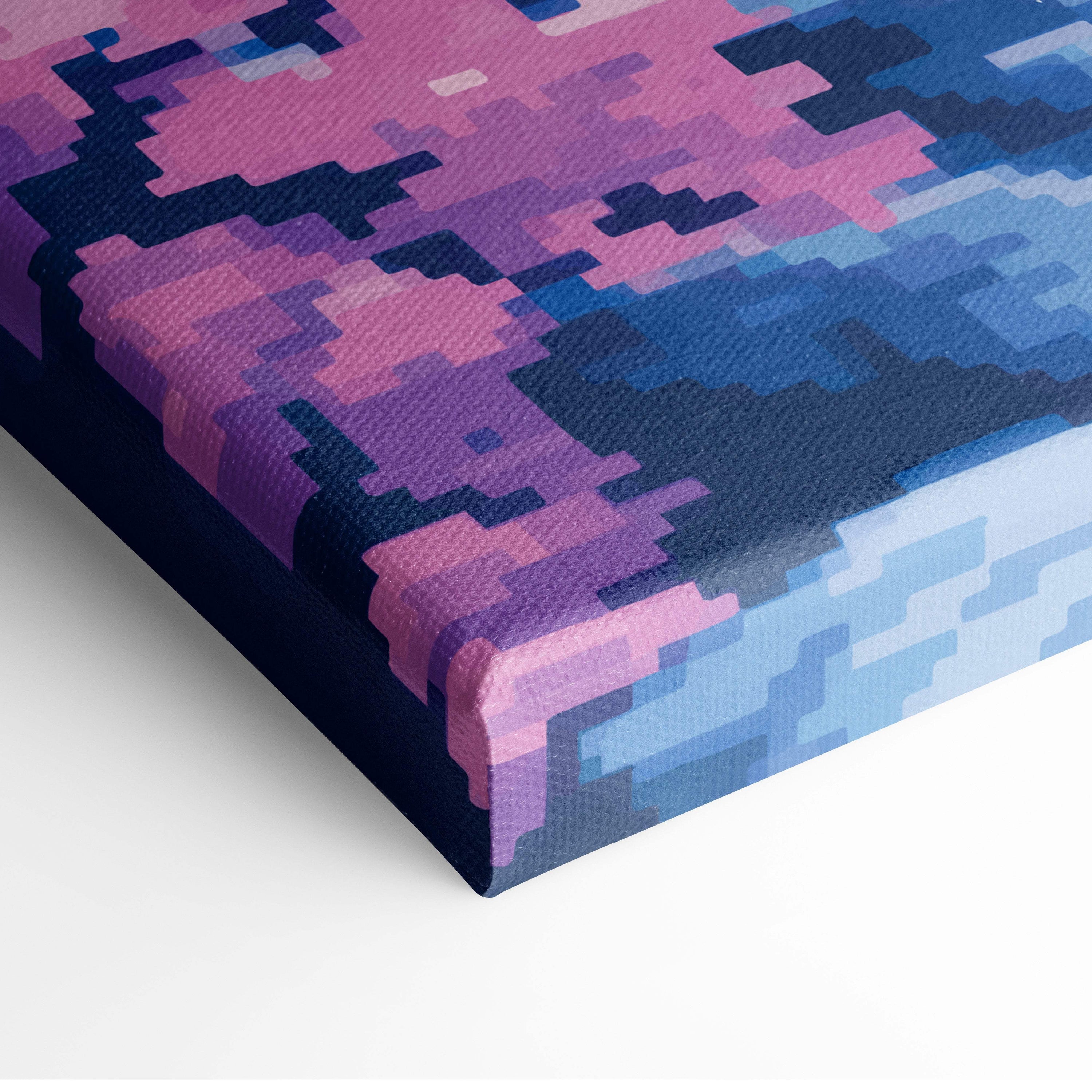 Pixelated canvas print with pink purple and blue digital camouflage gradient depicting a serene sakura landscape