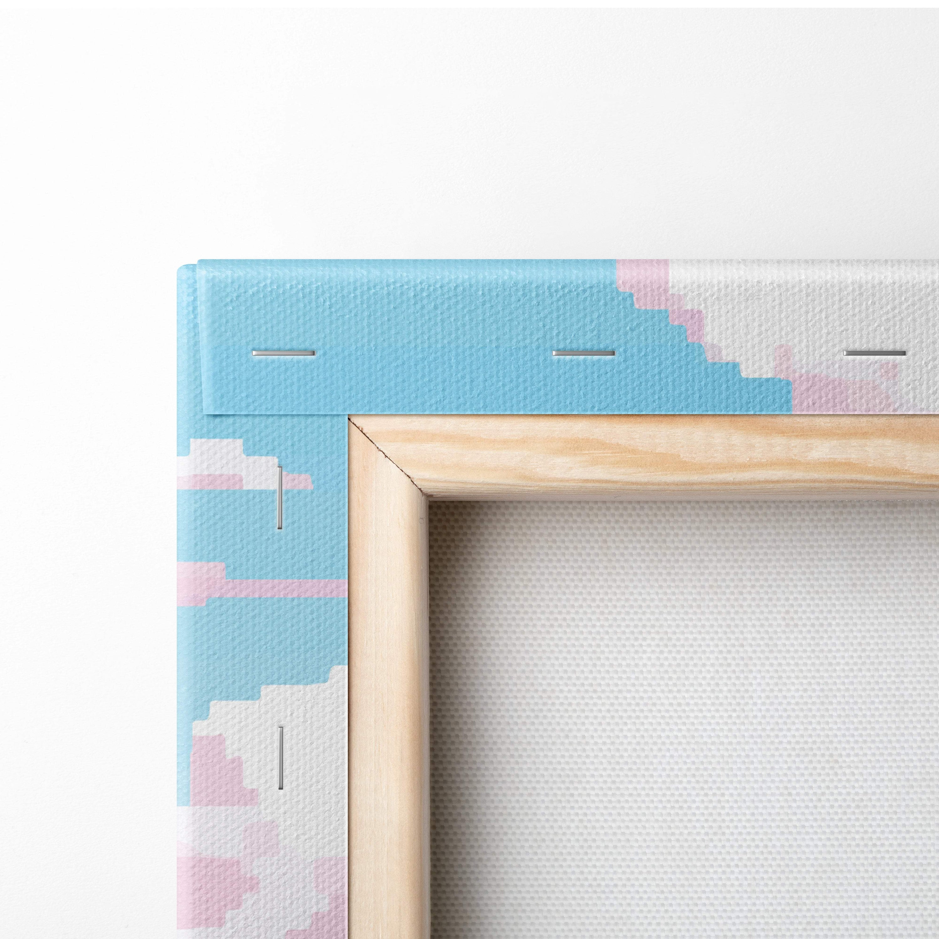 Cherry blossom waterfall pixel art canvas print with light blue and pink pixelated design and natural wood frame