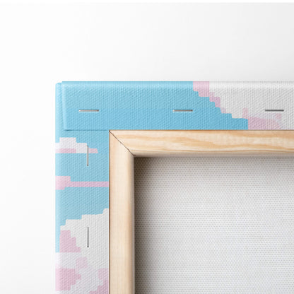 Cherry blossom waterfall pixel art canvas print with light blue and pink pixelated design and natural wood frame