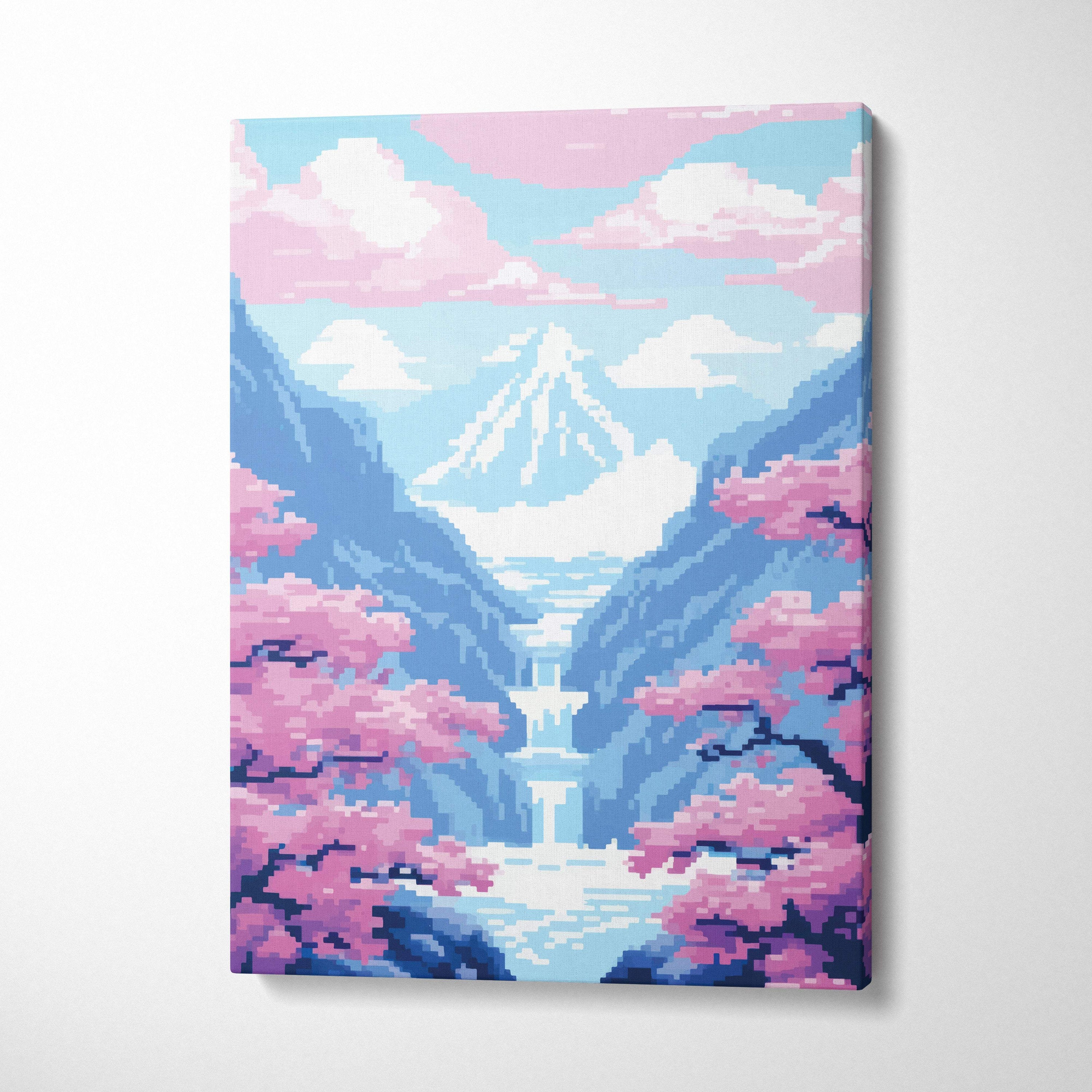 Cherry blossom waterfall pixel art canvas print with pink cherry blossoms blue mountains and waterfalls in a serene valley