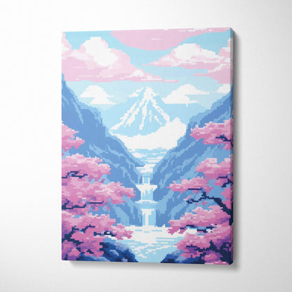 Cherry blossom waterfall pixel art canvas print with pink cherry blossoms blue mountains and waterfalls in a serene valley