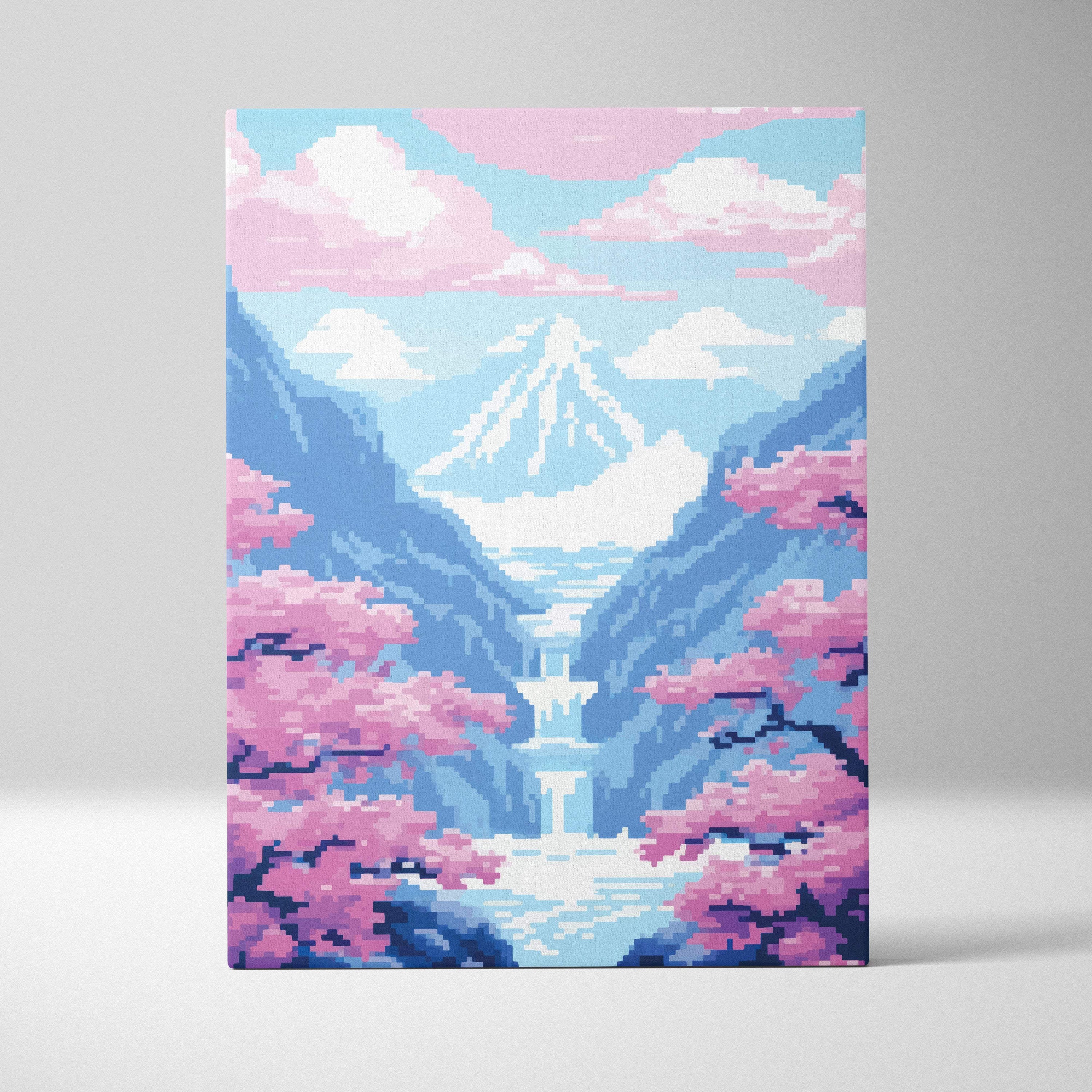 A rectangular canvas print featuring pixel-art cherry blossom landscape with blue pink mountains and serene Japanese garden decor