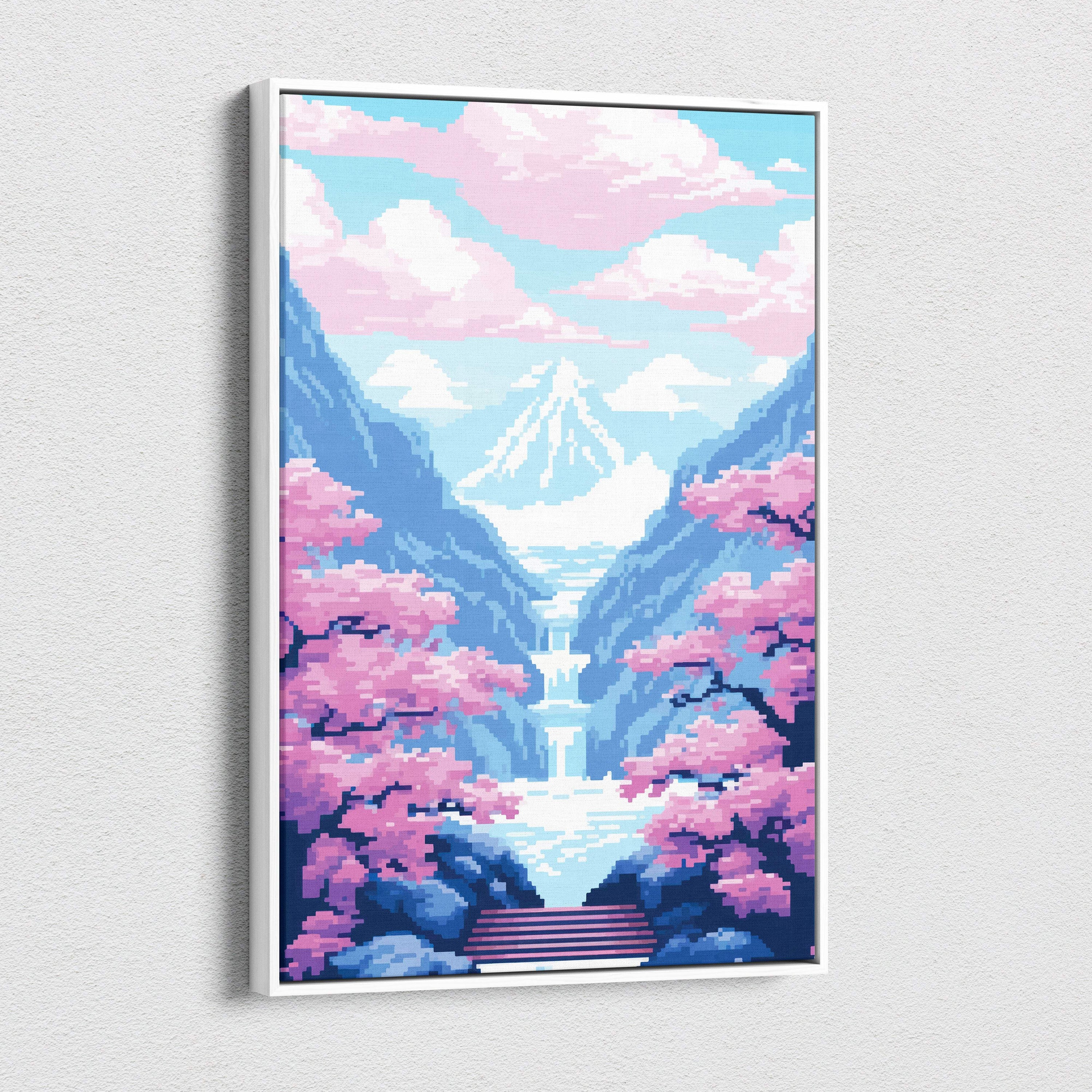 A framed pixel art canvas print depicting a serene mountain valley with blue mountains pink cherry blossoms and a waterfall