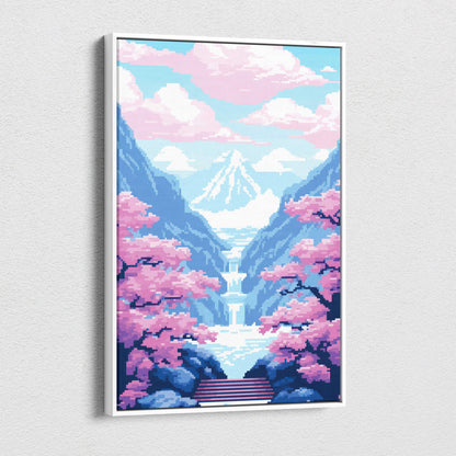 A framed pixel art canvas print depicting a serene mountain valley with blue mountains pink cherry blossoms and a waterfall