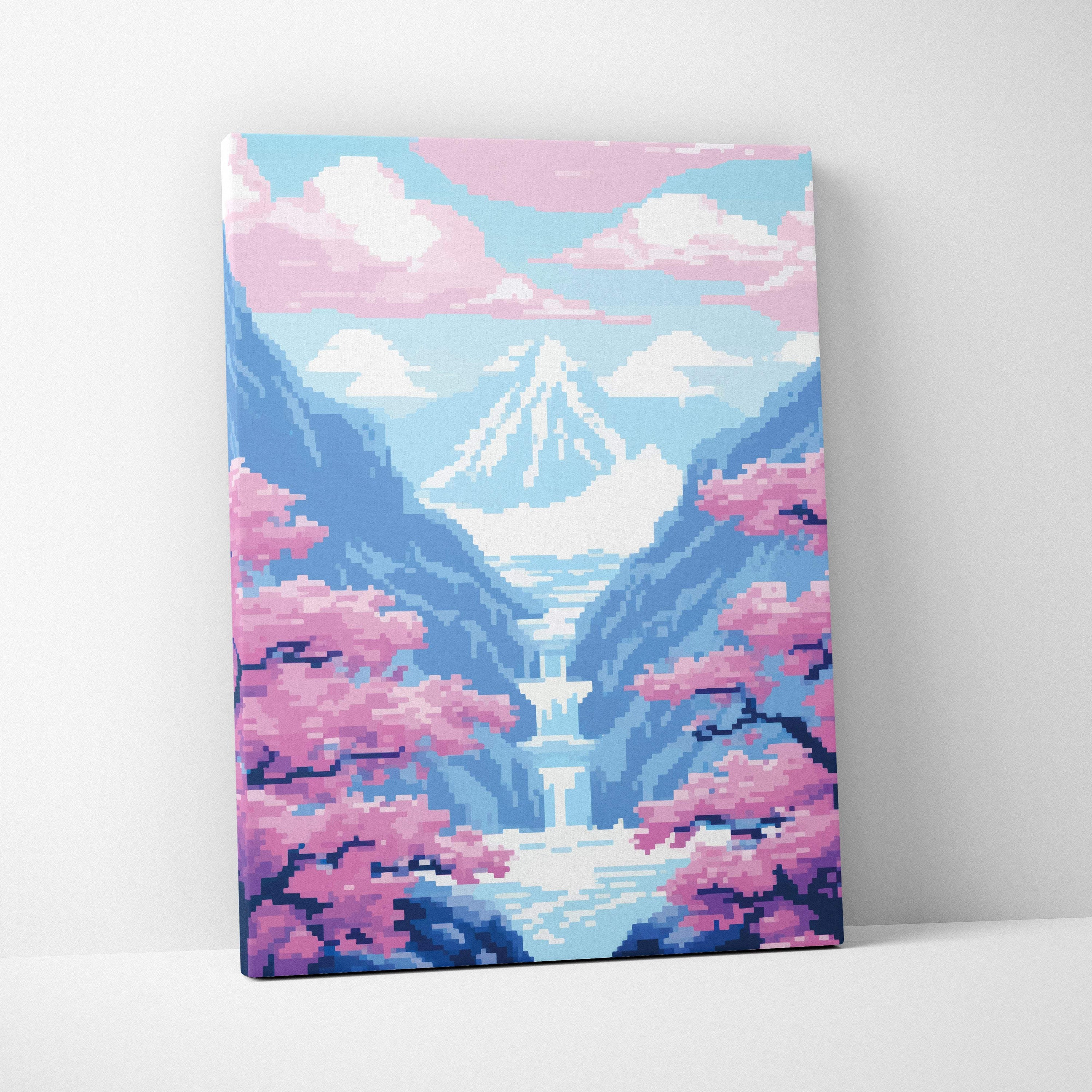 Cherry blossom waterfall pixel art canvas print with blue peaks pink cherry blossoms and serene mountain valley decor