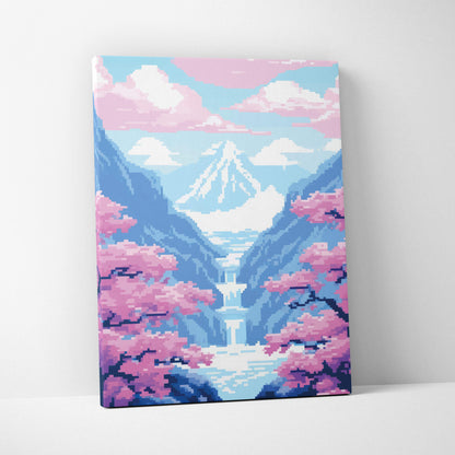 Cherry blossom waterfall pixel art canvas print with blue peaks pink cherry blossoms and serene mountain valley decor