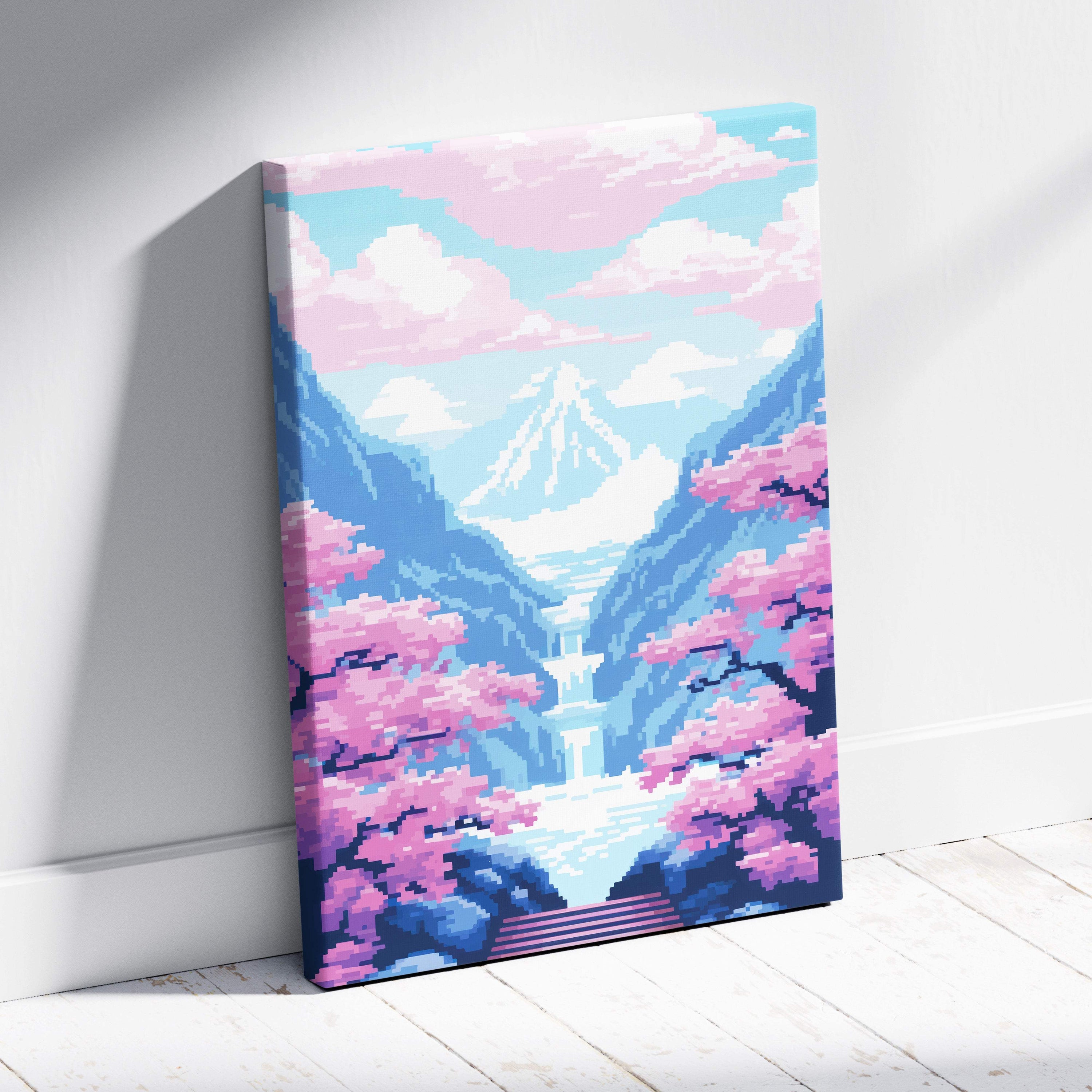 Cherry blossom waterfall pixel art canvas print featuring pink cherry blossoms blue mountains and a cascading waterfall