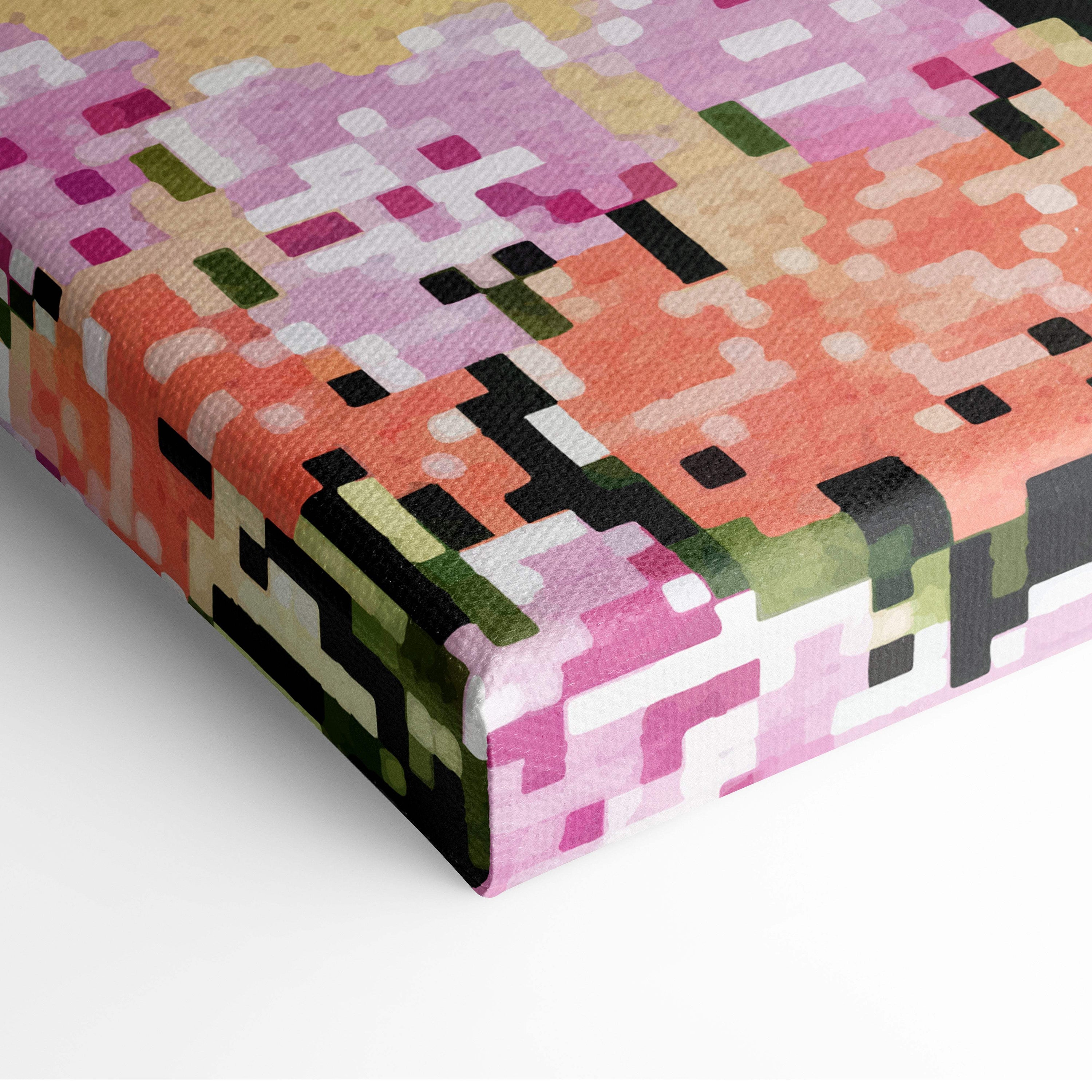 Wildflower mountain pixel art canvas print with vibrant pink orange green abstract floral design for wall decor