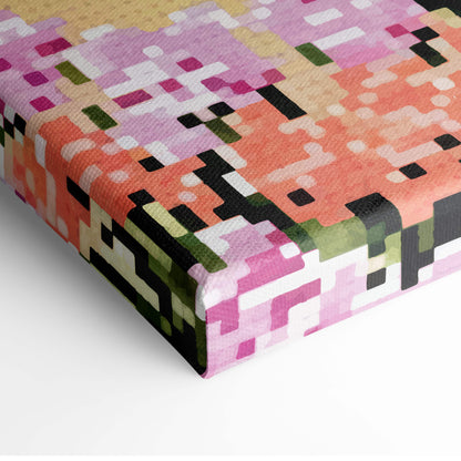 Wildflower mountain pixel art canvas print with vibrant pink orange green abstract floral design for wall decor