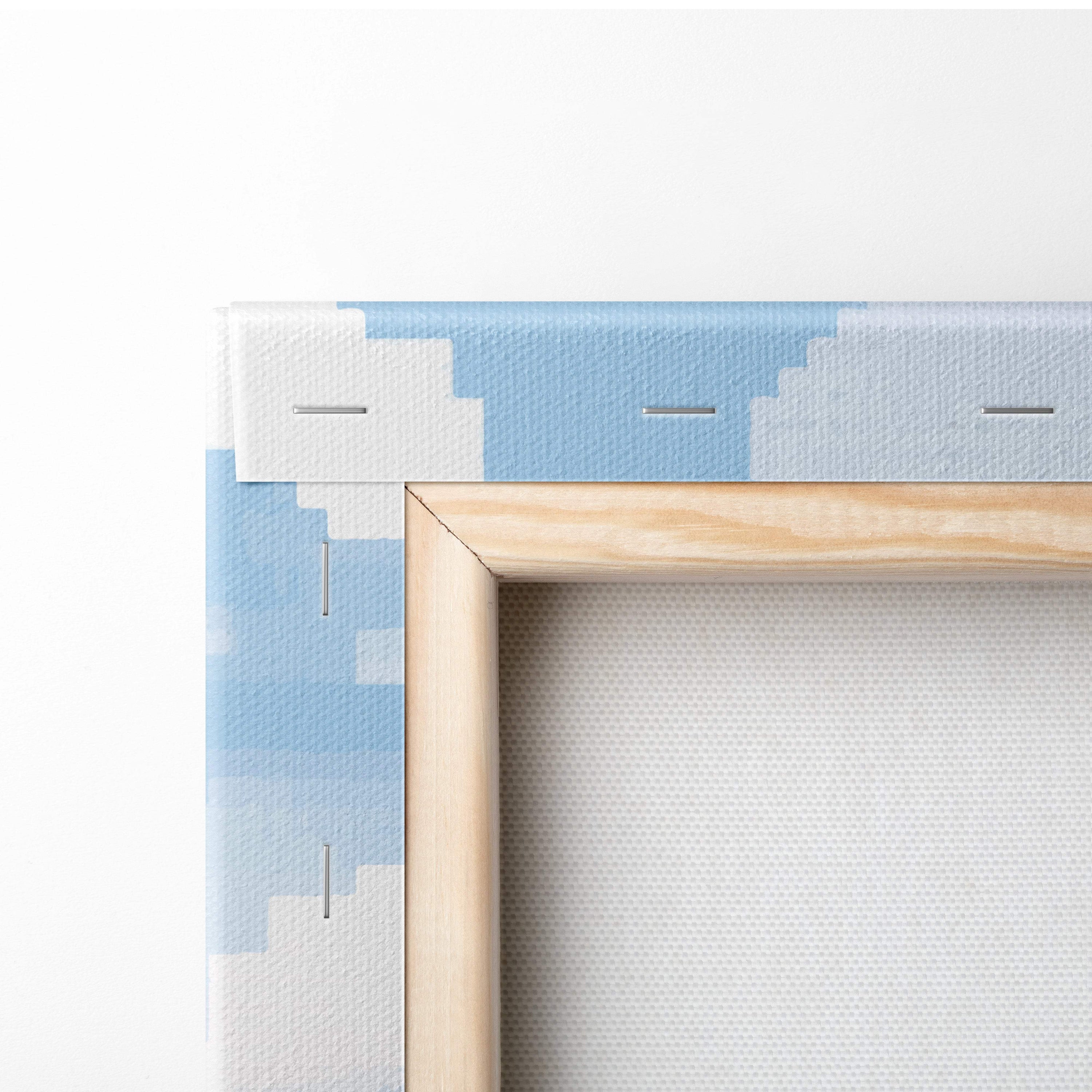 Light wood-framed canvas print featuring subtle blue and white pixelated pattern in wildflower mountain pixel art design