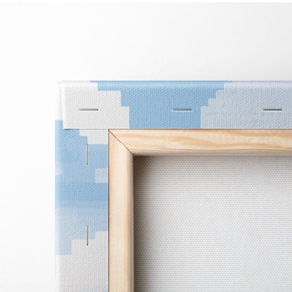 Light wood-framed canvas print featuring subtle blue and white pixelated pattern in wildflower mountain pixel art design