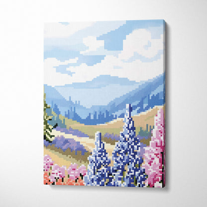 Pixelated canvas print of a mountain landscape with blue and pink flowers in the foreground for serene nature decor
