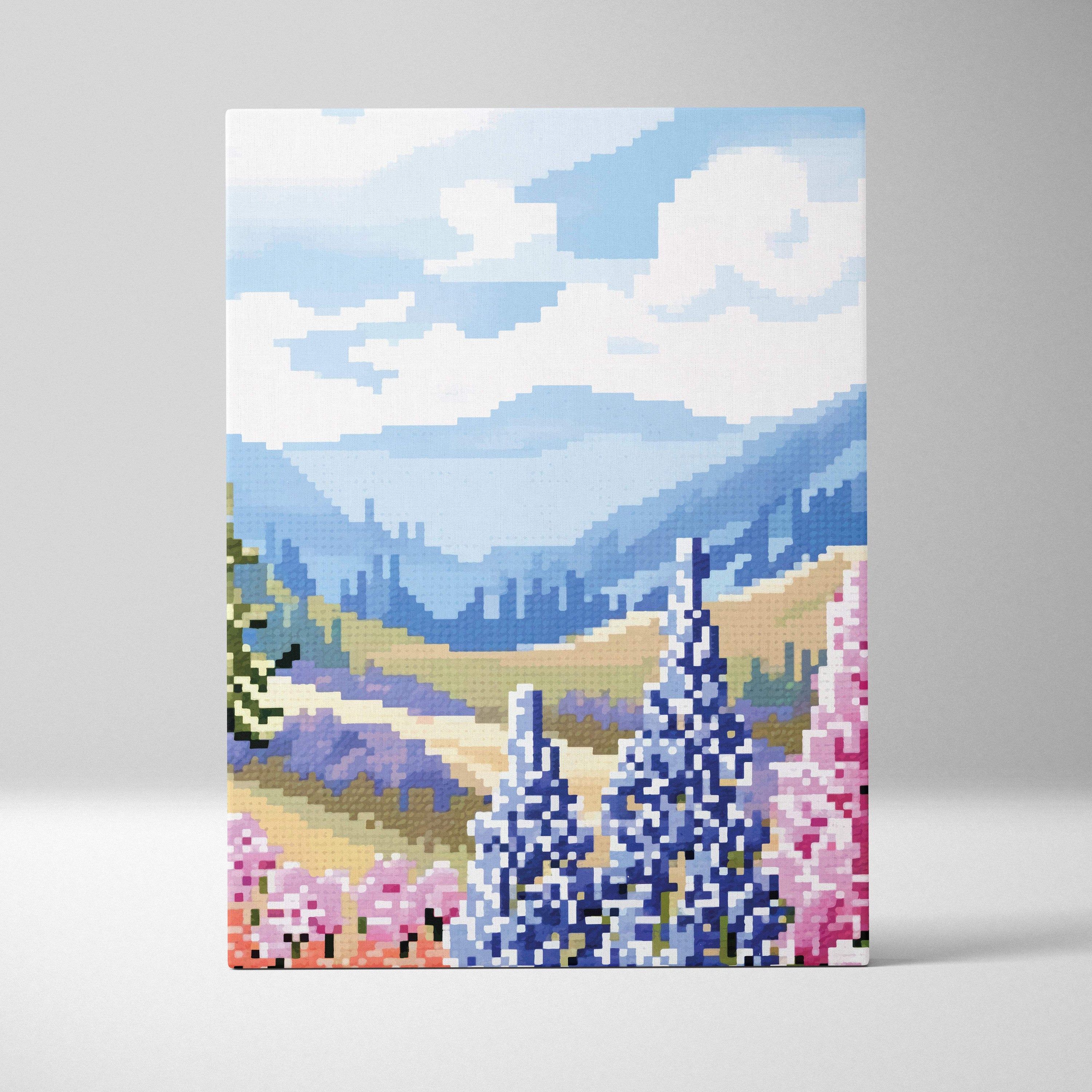 Wildflower mountain pixel art canvas print featuring blue pink lavender fields and blooming alpine trees wall art