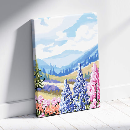 Pixelated canvas painting of a mountain landscape with pink and purple flowers in blue pink meadow colors