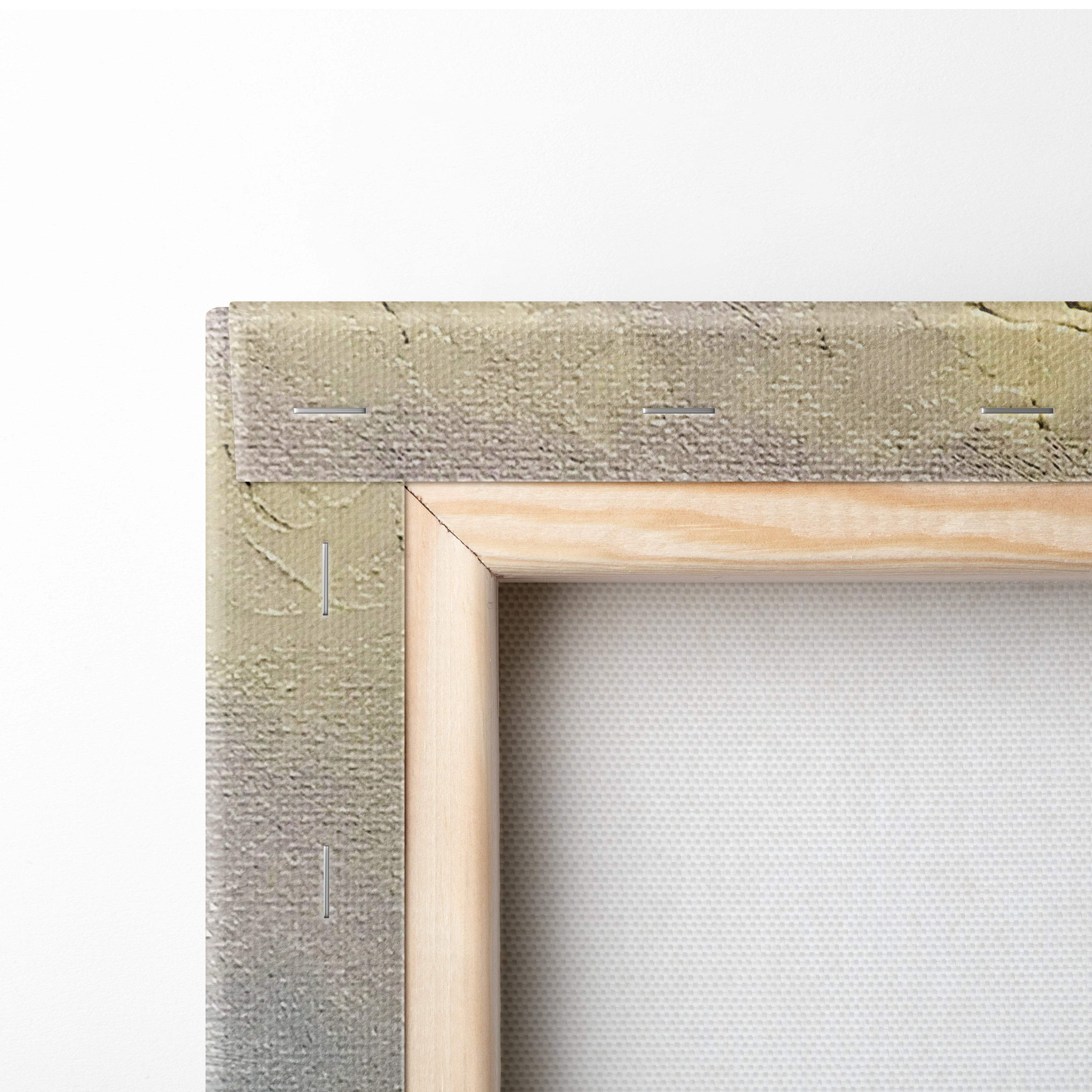 Light-colored wooden frame with textured canvas backing in muted green and gray for tranquil riverside landscape wall art