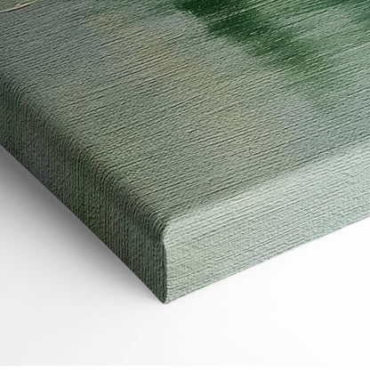 Green textured canvas with visible weave and gradient tones in tranquil riverside landscape painting style wall art