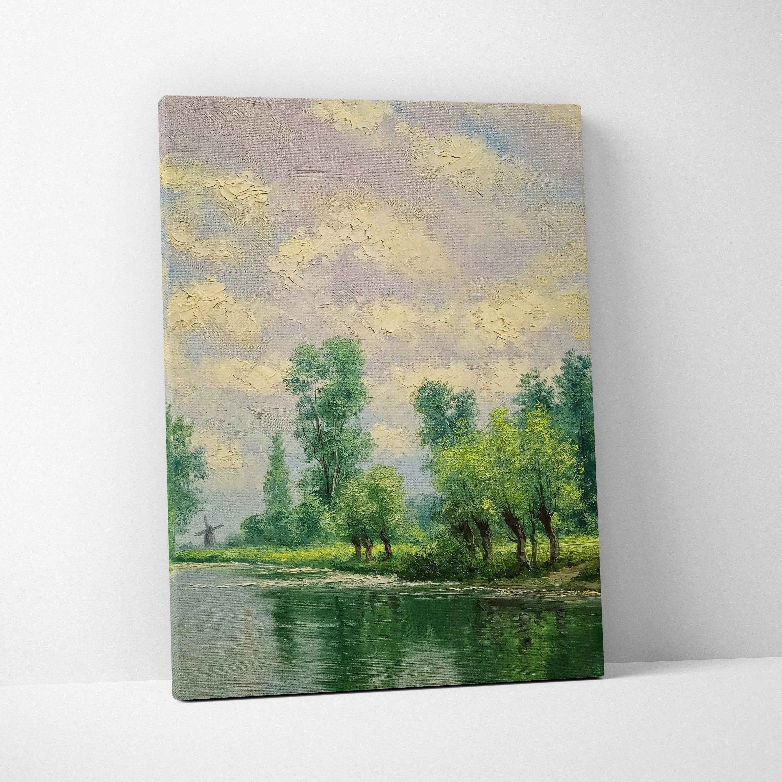 A textured canvas painting of a tranquil riverside landscape with lush green trees and calm water reflection