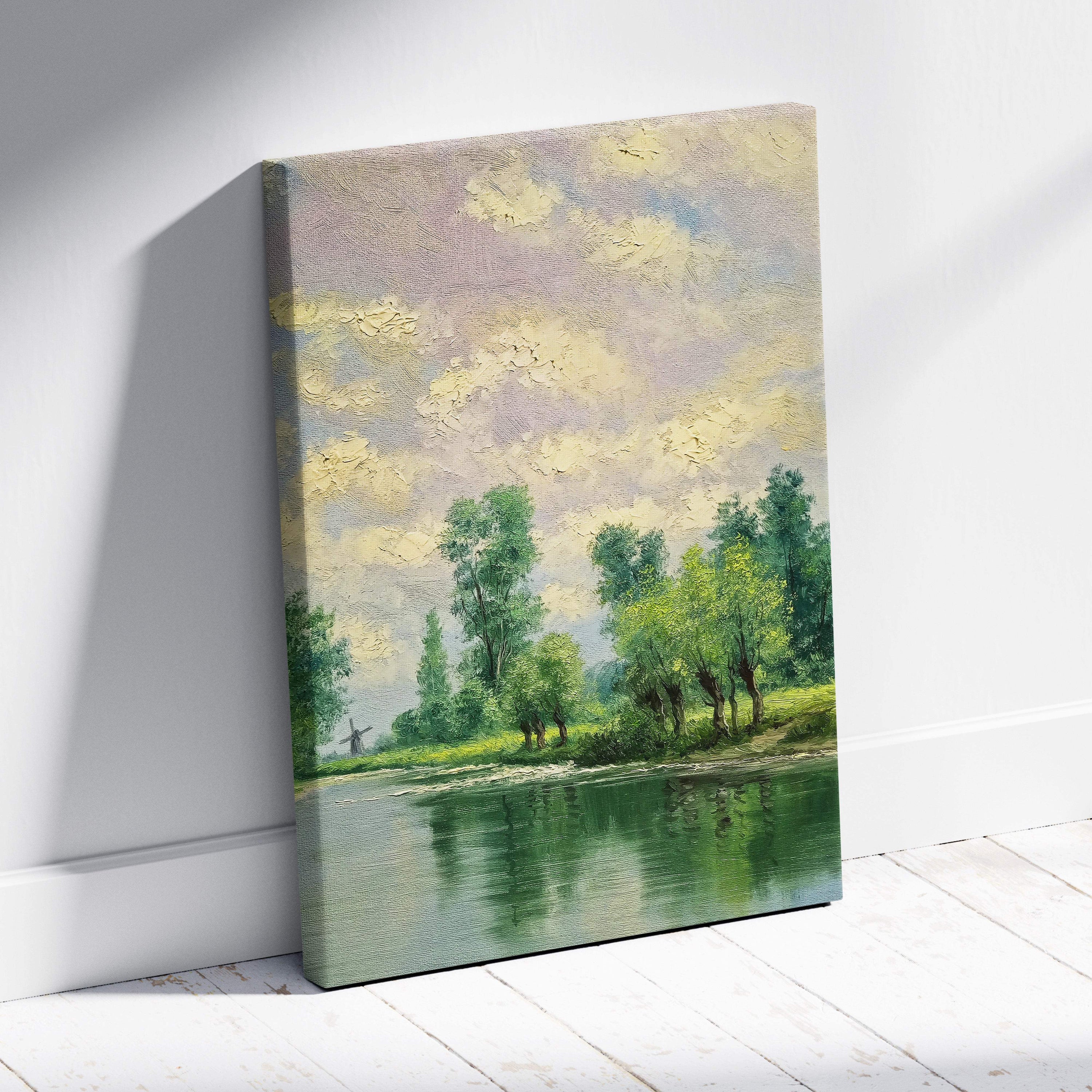 A textured canvas painting of a tranquil riverside landscape with lush green trees calm water reflection and pastel clouds
