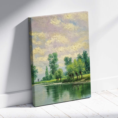 A textured canvas painting of a tranquil riverside landscape with lush green trees calm water reflection and pastel clouds