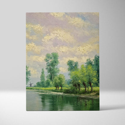 A rectangular impressionist canvas print featuring a tranquil riverside landscape with lush green trees and calm water reflection