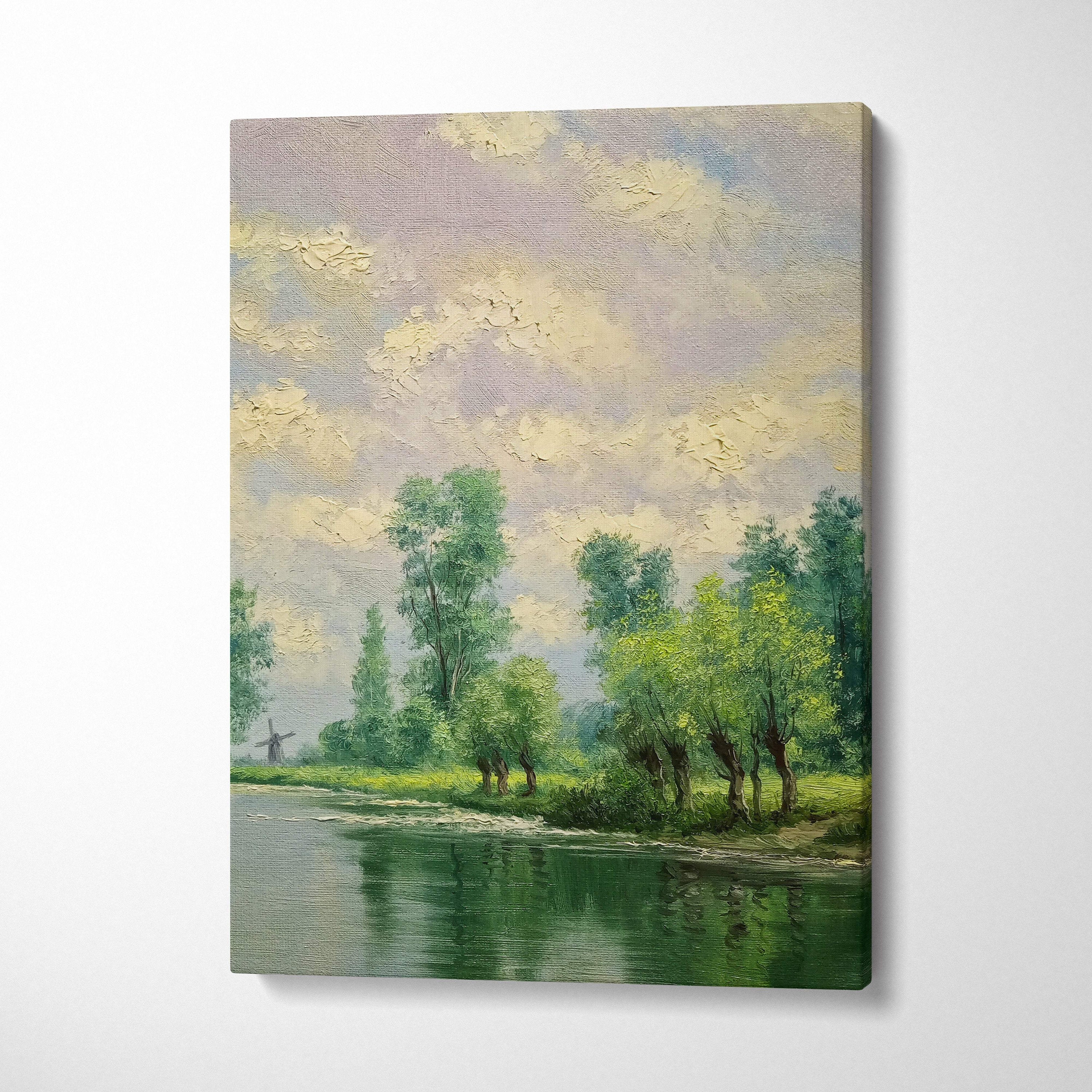 Textured canvas painting of a tranquil riverside landscape with lush green trees and soft pastel impressionist clouds