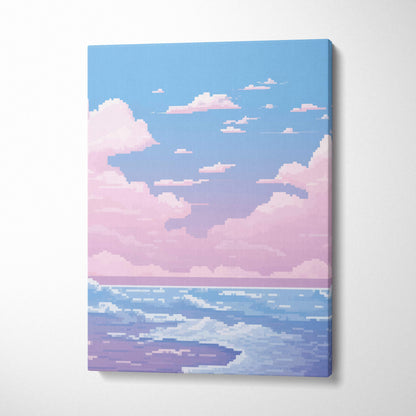 Pastel ocean pixel art canvas print showing a serene pink and blue cloud seascape in retro game style coastal decor
