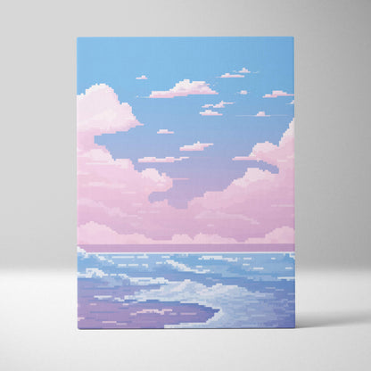 Pastel ocean pixel art canvas print featuring a serene pink and blue pixelated seascape with a calm coastal horizon