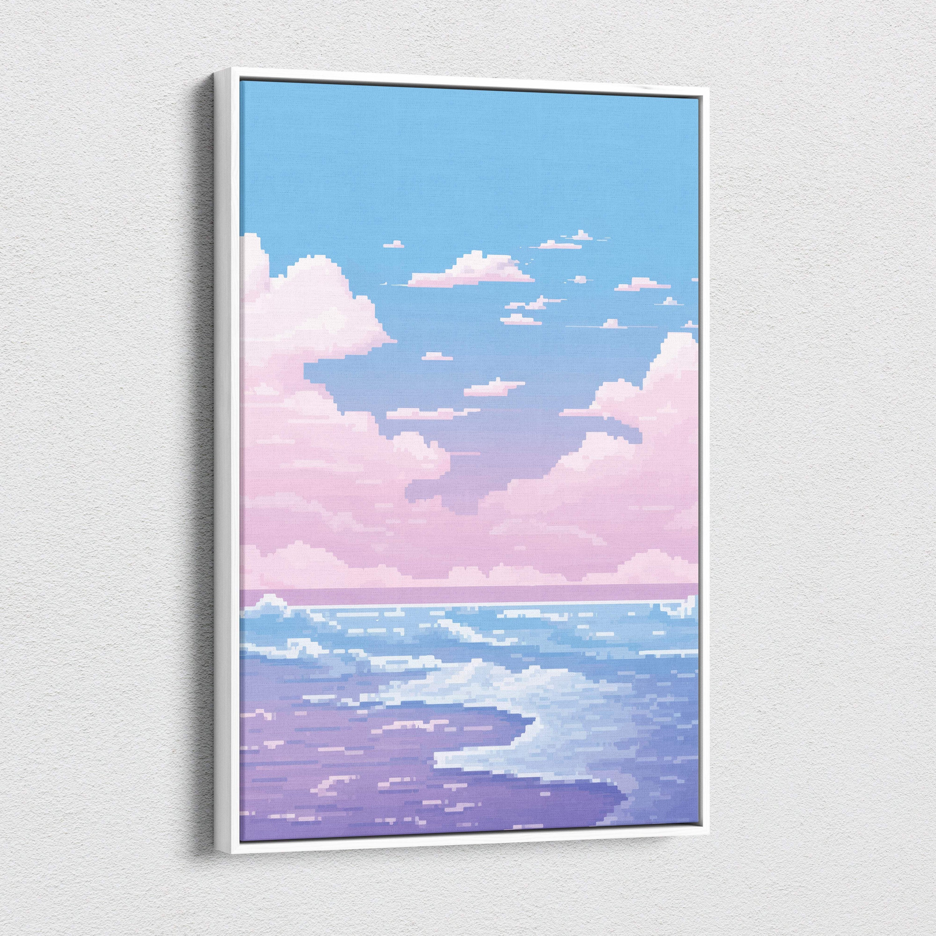 A framed pastel ocean pixel art canvas print with pink blue cloud seascape in a sleek white frame for calm coastal decor